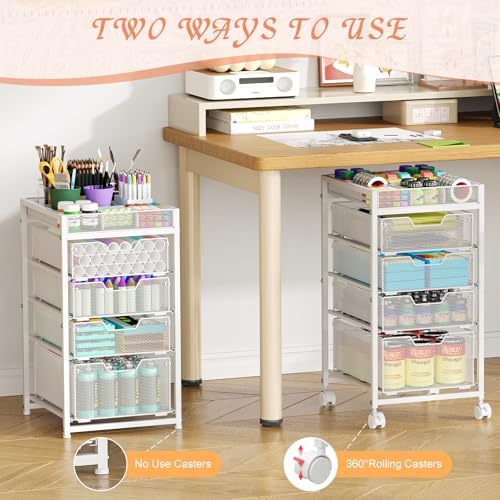 Rolling Utility Cart with 4 Drawers, Craft Organizer and Storage Carts with DIY Divider, Lockable Wheels Storage Organizer for Art Supplies, Store for Brushes & Paints & Artifacts, White - Image 4