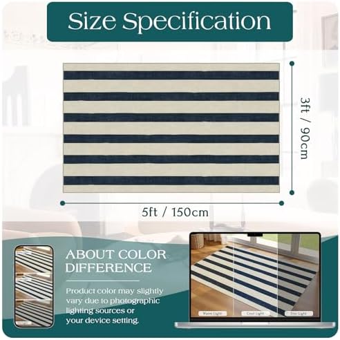 Blue and White Striped Entry Rug - 3x5 Non-Slip Indoor Outdoor Rugs - Image 6