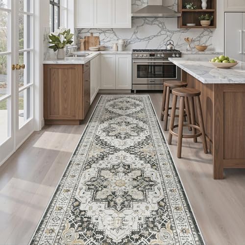 Madane Hallway Runner Rug 2'6''x10' Black, Washable Vintage Kitchen Runners - Image 2