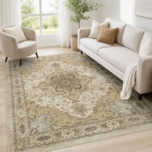 AMADA HOMEFURNISHING 8x10 Area Rug for Living Room, Vintage Washable Area Rug Low-Pile & Non-Slip Carpet for Bedroom Dining Room Nursery Home Office, Beige/Cream - Image 2