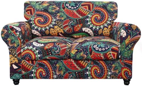 SearchI Stretch Sofa Cover Printed Couch Cover, Floral Pattern 3 Pieces Loveseat Slipcover with 2 Separate Cushion Cover, Washable Furniture Protector for Living Room(Loveseat, Paisley Pattern) by SearchI