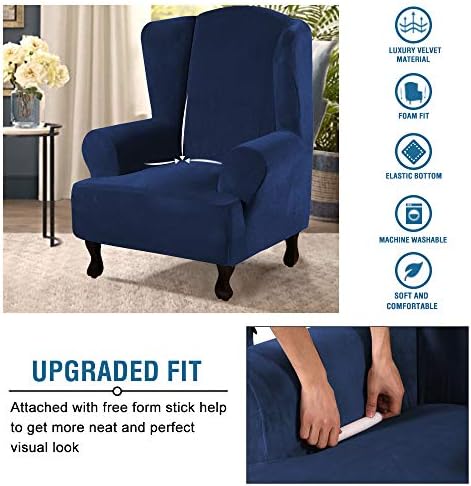 H.VERSAILTEX Wingback Chair Covers Velvet Plush Wing Chair Slipcover 1 Piece High Stretch Wing Back Chair Slipcovers Sofa Cover Furniture Cover with Elastic Bottom, Navy - Image 4
