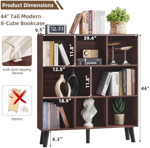 LEYAOYAO 8 Cube Bookshelf, Mid-Century Modern Book Shelf with Legs, Walnut - Image 2