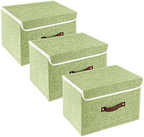 TYEERS Collapsible Storage Boxes, Washable Fabric Storage Bins with Lids, 14.9x9.8x9.8 inches, 3 Pack, Green by StorageOrganization