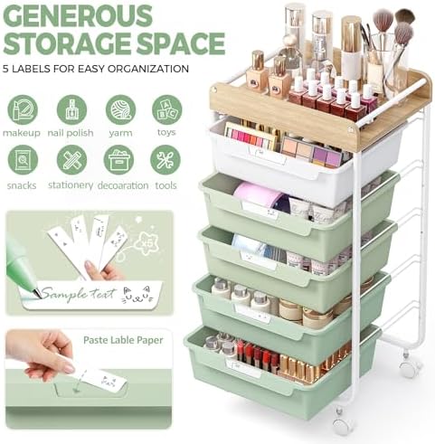 SYKIARIOL Utility Cart with Drawers,Craft Cart with 5 Drawers,Green - Image 4