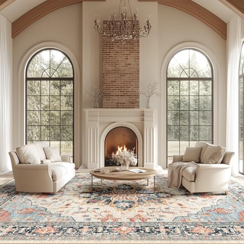 RELEANY Washable Area Rug, Large 10'x14', Beige/Blue/Orange - Image 2