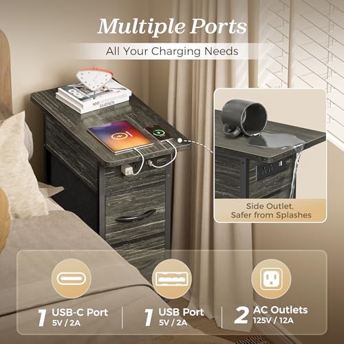 Huuger Narrow End Table with Charging Station, Side Table with 2 Drawers - Image 5