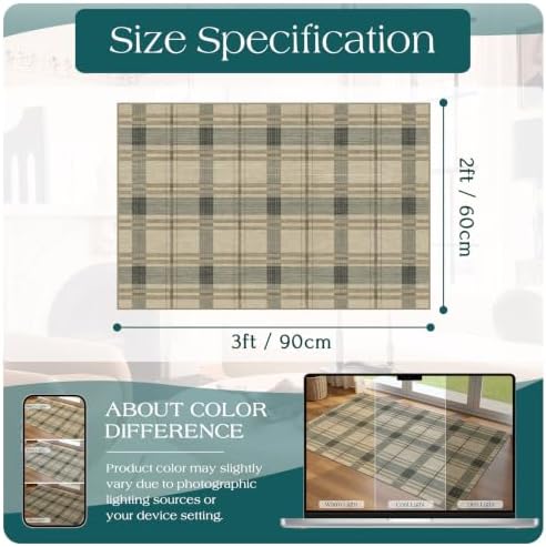 Front Door Mat Outside Entrance - 2x3 Taupe Beige Tartan Plaid Rug - Image 2