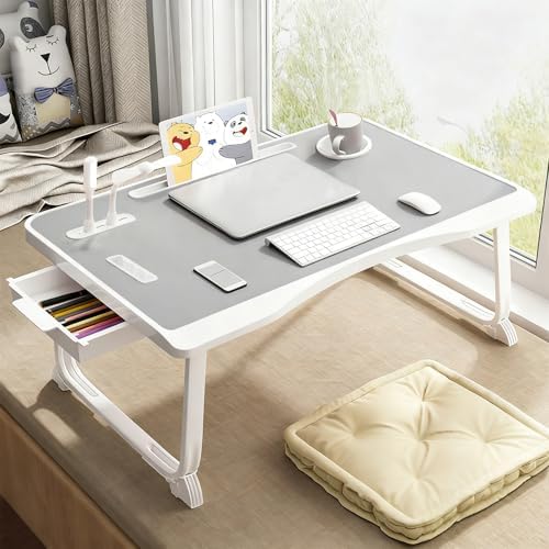 Laptop Bed Table, Laptop Desk for Bed, Foldable Laptop Bed Desk with USB Charge Port, Handle, Desktop Card Slot, Cup Slot, Side Drawer, Portable Laptop Table for Bed Eating Reading Working by CSYY