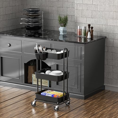 Simple Houseware 3-Tier Rolling Utility Cart with Hanging Bucket, Black - Image 5