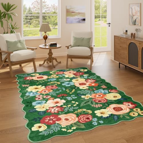 DUKINO 4x6 Area Rug, Non Slip Floral Washable Living Room Rug, Dark Green by DUKINO