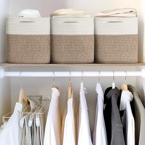 11x11 Cube Storage Bin - 3 Pack Woven Storage Cubes Organizer, 11 Inch Cotton Rope Baskets for Organizing, Square Baskets for Shelves, Baby Nursery Closet Bins, Cubby Toy Box Organizer - Image 4