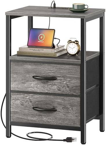 Huuger Nightstand with Charging Station, Side Table with Fabric Drawers by Huuger
