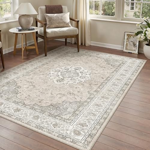 4x6 Washable Area Rug Beige Brown Non Slip Vintage Carpet by WondRg