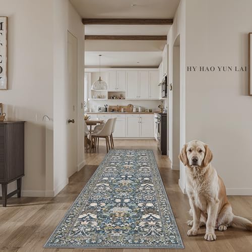 Hallway 3x10 Washable Runner Rug: Kitchen Rugs Entryway Area Rugs Vintage Soft Floor Mat Non Slip Indoor Farmhouse Carpet for Bathroom Living Room Bedroom Printed Rug for Family(3x10 Floral/Blue) - Image 2