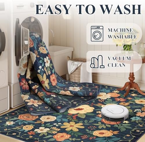 DUKINO 4x6 Area Rug, Floral Washable Office Chair Rug Non Slip, Navy Blue - Image 6