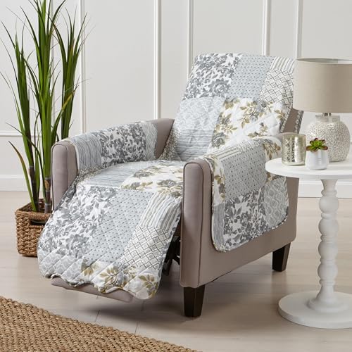 Great Bay Home Reversible Patchwork Recliner Cover - Washable Slipcover Furniture Protector with Elastic Straps - Perfect for Kids & Pets - Box-Stitched Detail (Grey) by GreatBayHome