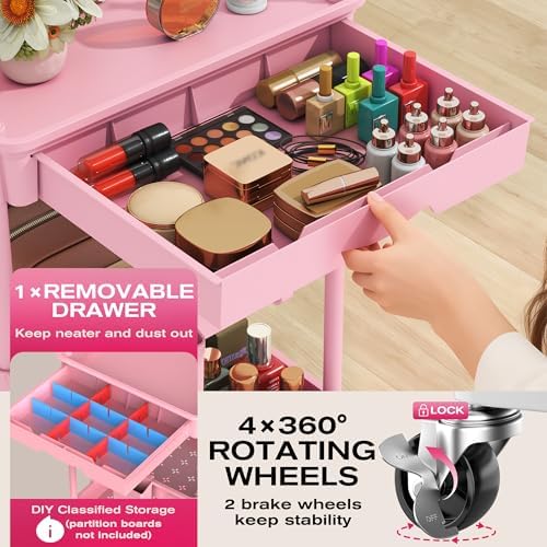 Goovilla Rolling Makeup Organizer Cart with Removable Drawer, 3 Tier Pink - Image 3