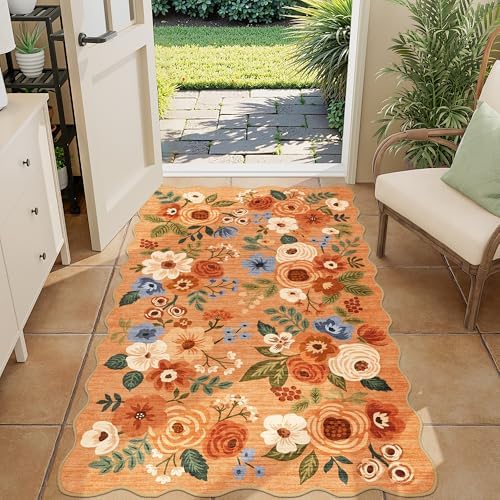 DUKINO 3x5 Area Rugs, Non Slip Floral Washable Rug for Bedroom, Orange by DUKINO