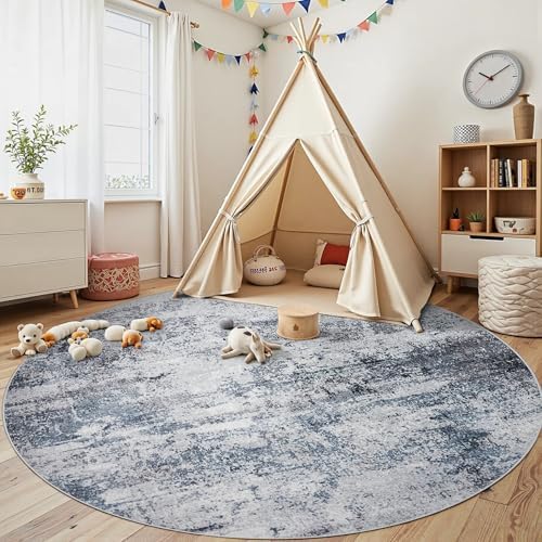 Aelenmu Round Rug 8ft Washable Rug for Dining Room Living Room Blue Grey - Image 4