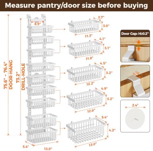 POKIPO 9 Tier Narrow Over The Door Pantry Organizer, 2 in 1 Wall Mount or Hanging Spice Rack with Adjustable Deep Basket, Heavy-Duty Seasoning Organizer and Storage for Kitchen Closet Bathroom (White) - Image 2