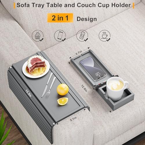 Bestjing Bamboo Couch Armrest Table with Cup Holder Tray (Gray) - Image 3