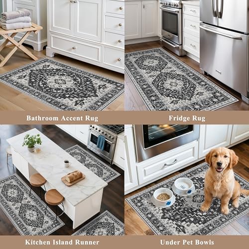 3-Piece Non-Slip Machine Washable Kitchen Rug Set with Runner – Soft Low Pile Thin Boho Kitchen Rugs for Hardwood Floor, Sink & Entryway, Pet-Friendly (Dark Grey, 2x3,2x4,2x5) - Image 4