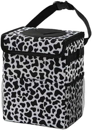 AOKJOY Car garbage can with lid Leak Proof Vehicle Trash Can 3 Storage Pockets Hanging Waterproof car trash bag for suv cow by saygoodbyetoclutter