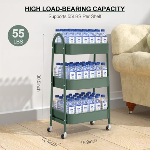 EAGMAK 3 Tier Utility Rolling Cart, Metal Storage Cart with Handle and Lockable Wheels, Multifunctional Storage Organizer Trolley with Mesh Baskets for Kitchen, Living Room, Office, Garage (Jungle) - Image 6