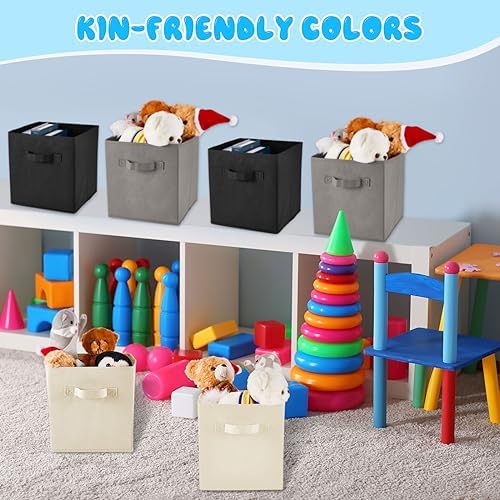 Yinder 12 Pcs Cube Storage Bin Grey 10.5''x10.5''x11'' Black Beige Storage Bins for Playroom Decor Colorful Bins for Kids Foldable Baskets for Nursery Organizer Boxes Fabric Boxes - Image 4