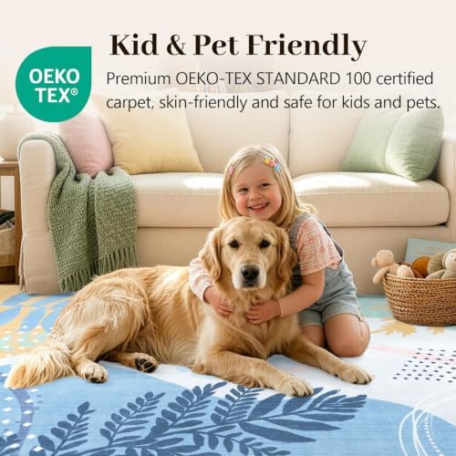 6x9 Ft Washable Area Rug for Living Room Cream Blue Modern Neutral Carpet - Image 5