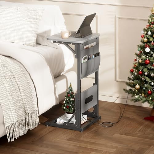 HLDIRECT C Shaped End Table with Charging Station & Storage Bag Gray - Image 2