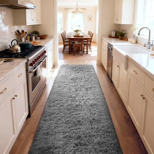 Ophanie 2x10 Runner Rug for Hallway,Upgrade Non-Slip Fluffy Soft Bedside Rugs,Bedroom Living Room Grey Shaggy Gray Carpet for Kids Girls Boys Dorm Nursery Decor Aesthetic with Over 99 pcs Pile fibers - Image 5