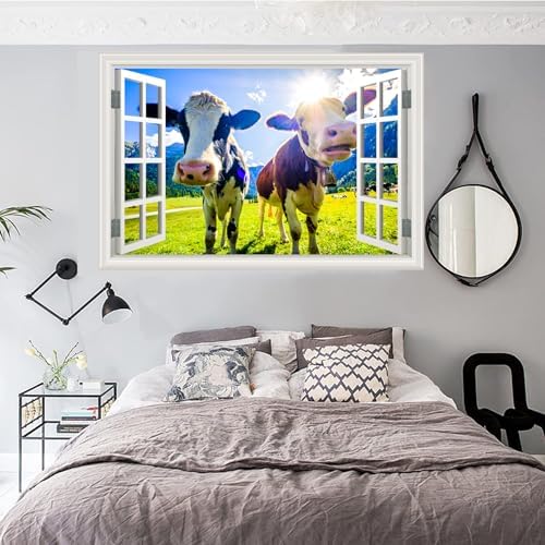 Fake Window Wall Decal - Funny Peeking Farm Cow Grassland Scene Art Sticker | ｜Faux Window Natural Scenery Landscape Mural ｜ Stick and Peel Wall Decals｜for Room Bedroom Office Scene Picture Decor｜24"x16" - Image 5