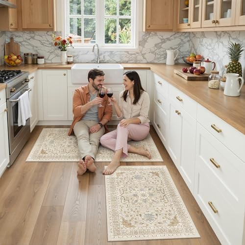 Madane 2-Piece Area Rugs Set, Small Kitchen Runner Non-Slip, Beige/Blue - Image 4
