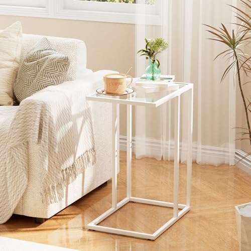 Easy Paws Small C Shaped Table for Sofa,Glass Couch Sofa Tray Snack Table for Living Room, Bedroom,TV Tray Table for Small Space,Accent Coffee Table,Nightstand with Metal Frame(White) - Image 2