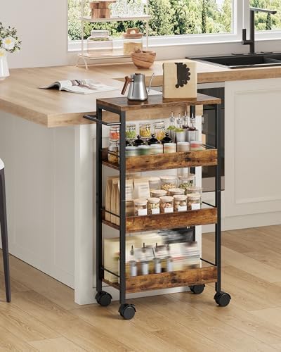 CHOEZON 4-Tier Slim Storage Cart, 9.1'' Kitchen Serving Trolley, Slim Rolling Cart with Handle and Guard Rails, Slim Cabinet for Small Spaces, for Dining Room, Rustic Brown and Black TTC03BF - Image 4