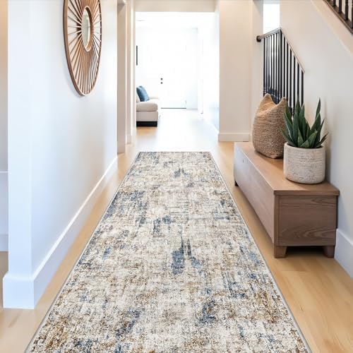 3x15 Ft Long Hallway Runner Rug - Non-Slip Washable Kitchen Runner Rug with Rubber Backing | Modern Abstract Wide Floor Carpet Runner for Indoor Entryway, Bedroom, Living Room（Blue Brown） by ZHXXUJ