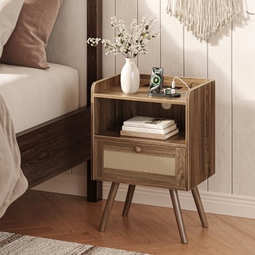 SUPERJARE Nightstands Set of 2, Night Stands with Charging Station, Walnut - Image 3