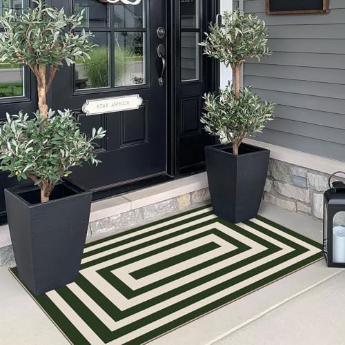 Front Door Mat Indoor Entrance 2x4.3 Modern Green White Striped Rug - Image 4