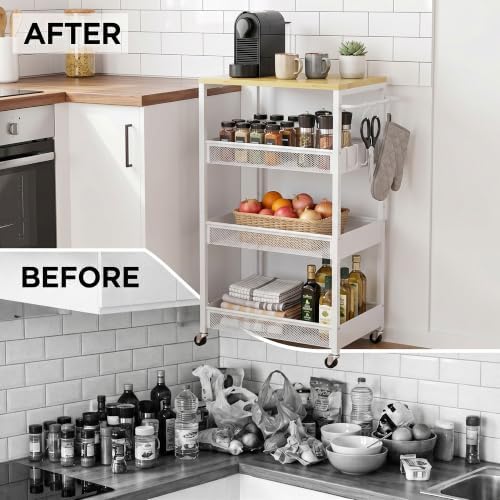 Rolling Utility Cart, 4 Tier 11.8" Wide Metal Storage Cart with Handle and Wood Top, Multifunctional Mobile Shelf Unit Organizer Trolley for Laundry, Bathroom, Kitchen - Image 2