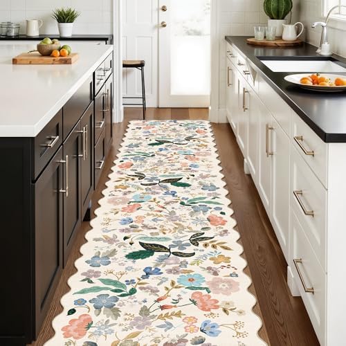 Washable Hallway 2'6x12 Runner Rug: Floral Scalloped Rug for Kitchen Entryway Farmhouse Soft Carpet for Bathroom Bedroom Thin Laudry Living Room Floor Mat with Non Slip Backing(2'6''x12',Cream) - Image 2