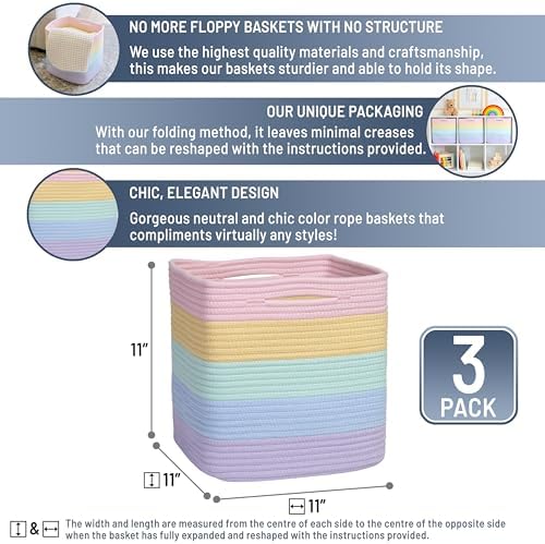 NaturalCozy Storage Cubes 11 Inch Cotton Rope Woven Baskets for Organizing, 3-Pack | Cube Storage Bin | Square Storage Baskets for Shelves Organizer, Classroom, Kids Toy Bins, Closet, Baby Nursery - Image 2