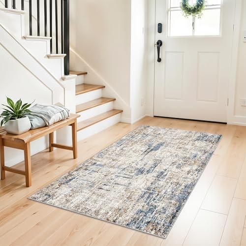 3x4 Rug Washable for Entryway - Non-Slip Modern Small Indoor Area Rug for Bathroom,Living Room，Bedroom - Abstract Neutral Soft Low-Pile Throw Mat with Rubber Backing (Blue Brown) by ZHXXUJ