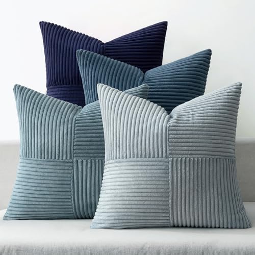 MIULEE Dusty Blue Navy Farmhouse Throw Pillow Covers 18x18 Inch Set of 4 Boho Patchwork Gradient Cushion Cases Western Modern Pillow Cases Corduroy Home Decor for Couch Sofa Living Room Bed by MIULEE