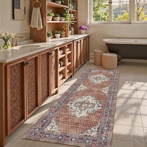 Washable Area Rug 2'6'' x 8' Vintage Traditional Persian Mat - Foldable Distressed Non-Slip Machine Washable Carpet for Living Room Bedroom Kitchen Home Decor - Terracotta and Navy - Image 2