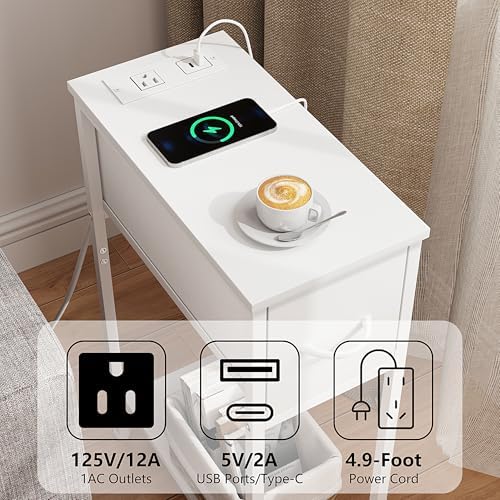 Vagusicc End Table Set of 2 with Charging Station, Narrow Side Table Nightstand with Fabric Drawer, Slim Nightstand for Bedroom, Small Bedside Table, Slim Sofa Side Table for Small Spaces, White - Image 5