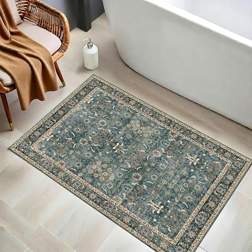 Washable 2x3 Entryway Rug, Vintage Low Pile Non Slip Rug - Image 3
