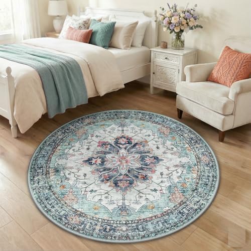 RELEANY Washable Area Rug, Round 4ft, Teal Green/White/Navy by RELEANY