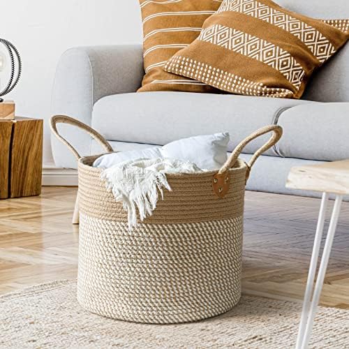 CHICVITA Wicker Storage Basket with Leather Handles, 14" x 12", White - Image 2